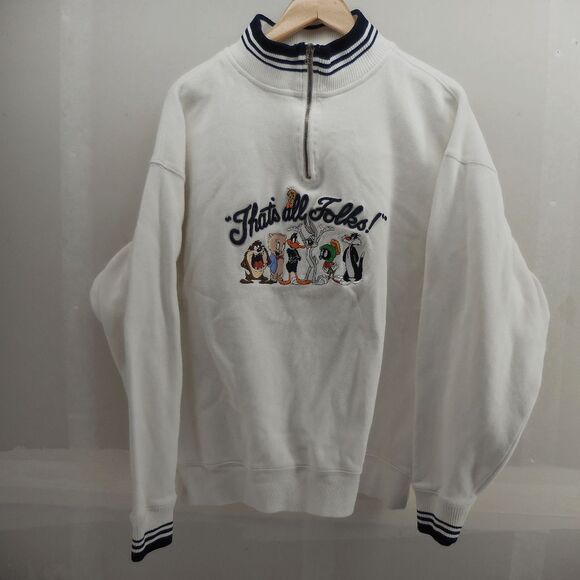 VTG Looney Tunes Thats All Folk 1/4 Zip Sweater Taz Bugs Tweetie Daffy Marvin XL - Picture 3 of 6